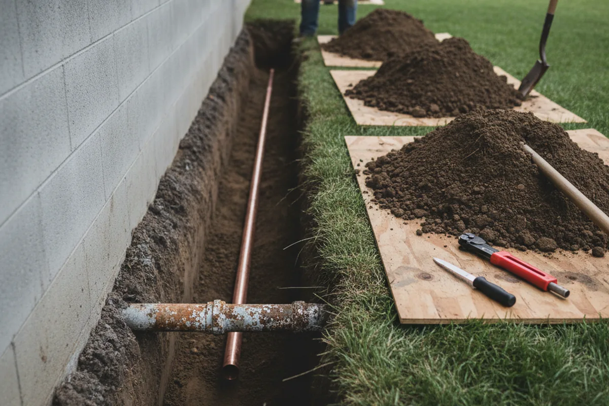 Excavated water line trench during Water Heater Repair in Lost Creek